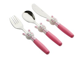  - Porland Mini Rabbit Pembe Çocuk Çatal Kaşık Bıçak 